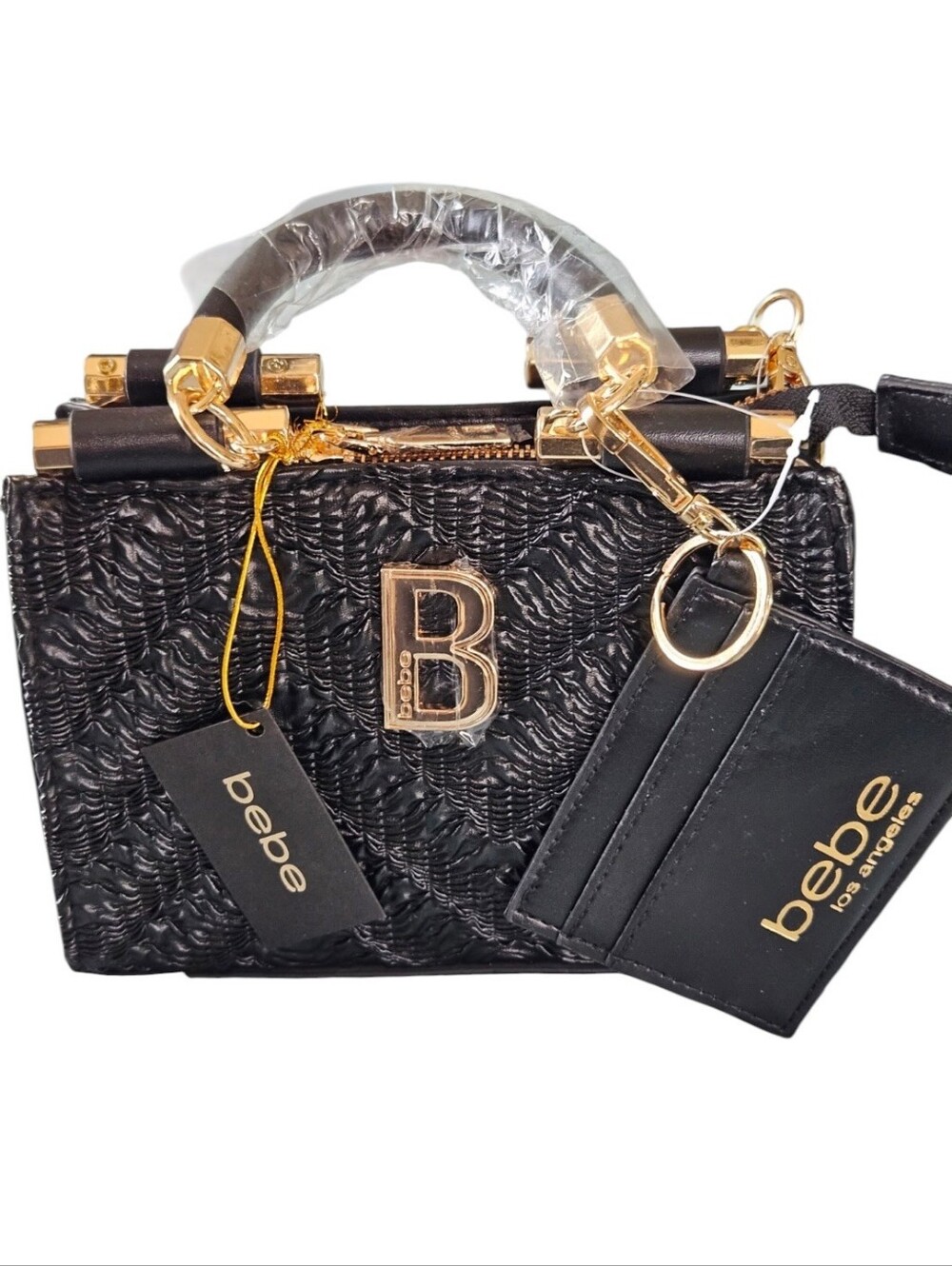 NWT bebe Nola Mini Satchel Bag with Card Holder Keychain - Black Gold